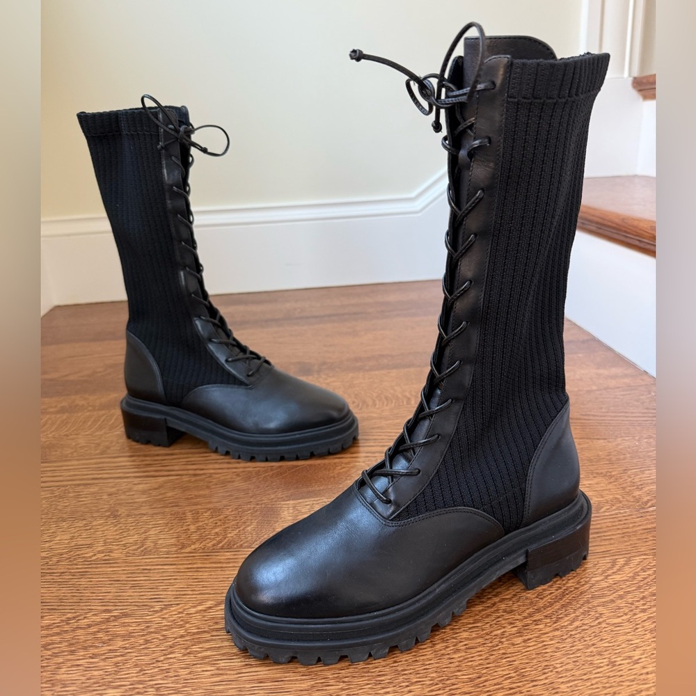Porte &‎ Paire Ribbed Knit Lace Up Tall Combat Boots Leather Grunge Goth Lug 38